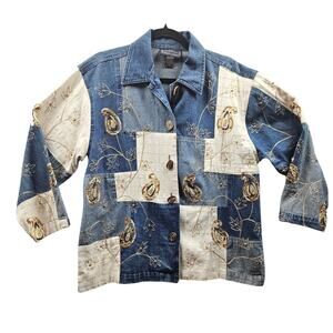 Vintage Denim Patchwork Shirt Embroidered design Wood Buttons Womens SM Hippy